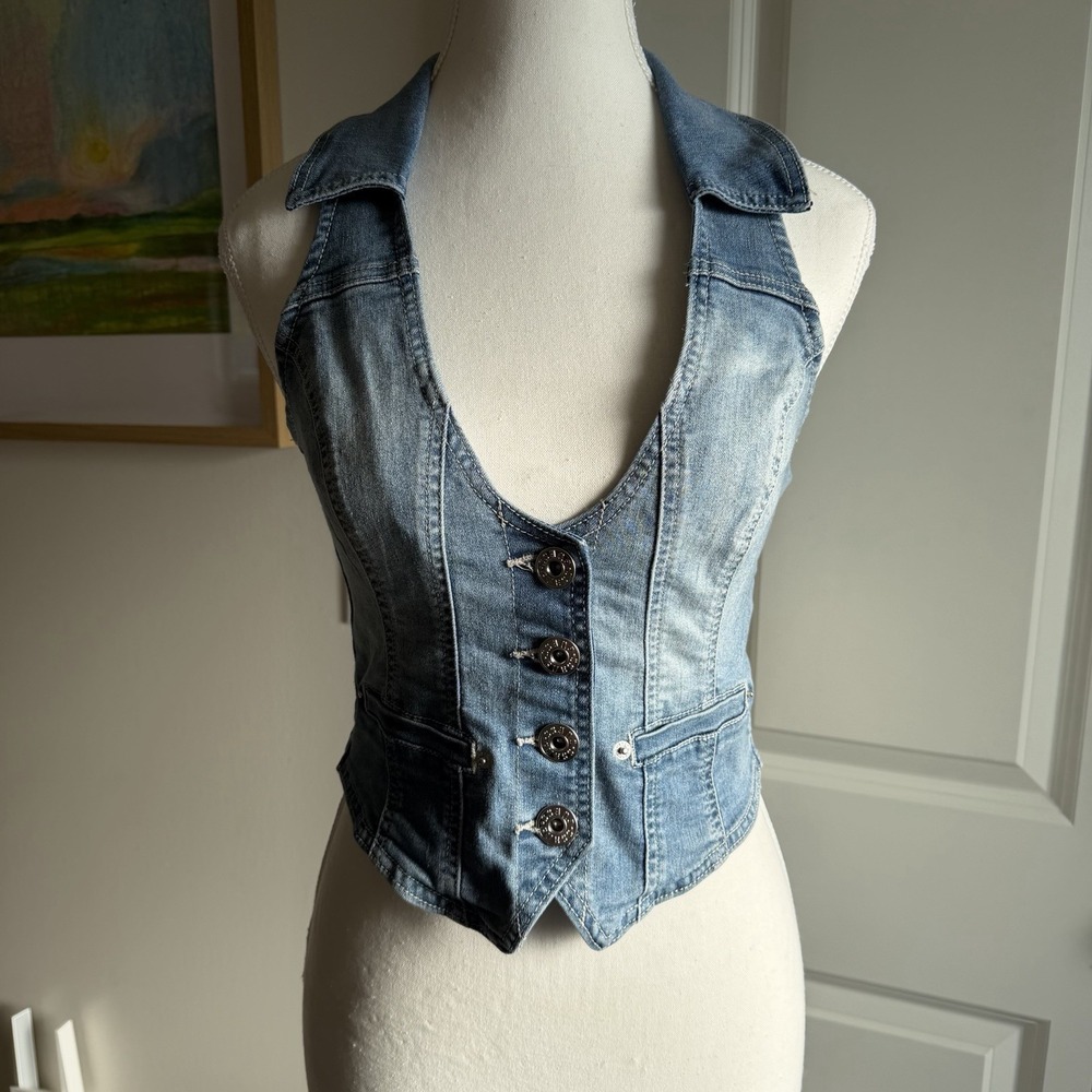 GUESS Denim Halter Neck Button Down Vest Size XS Y2K